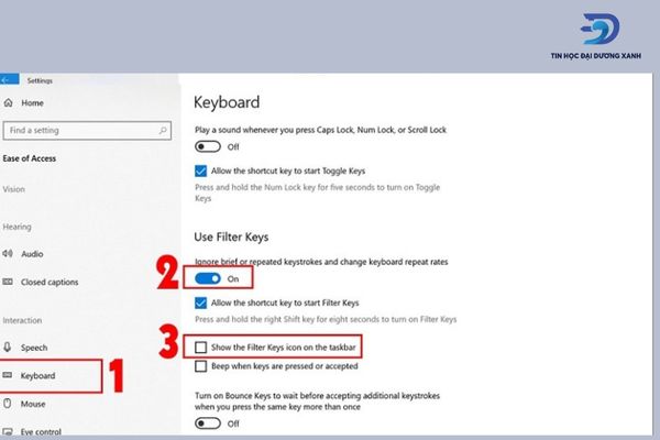 Bỏ chọn mục Show the Filter Keys icon on the taskbar