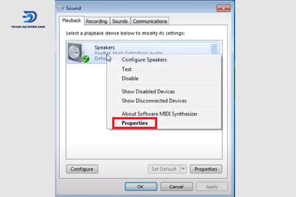Nhấp chuột phải vào “Speakers”, sau đó nhấp chọn ”Properties”
