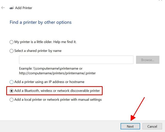 Chọn Add a Bluetooth, wireless or network discoverable printer sau đó nhấn Next