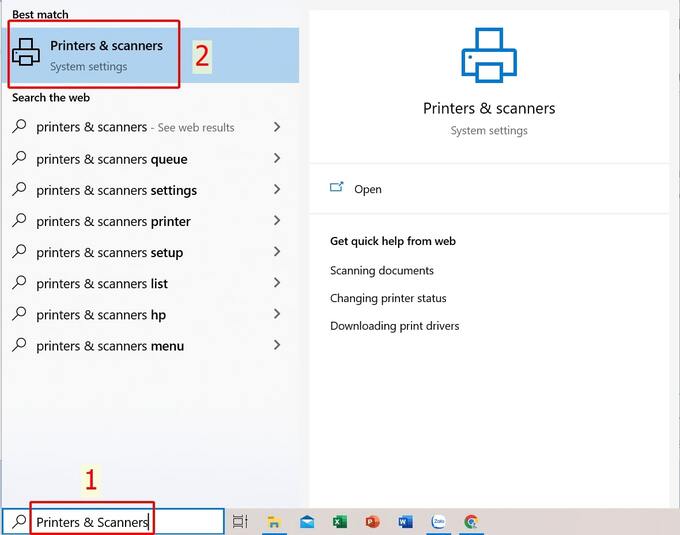 Tìm kiếm và chọn Printers & Scanners
