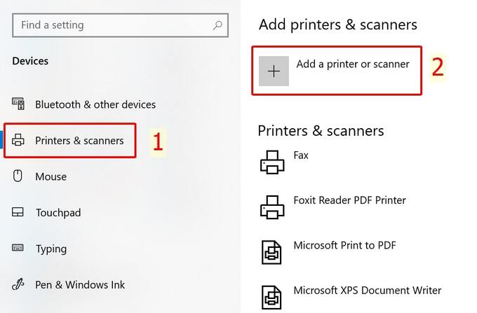 Chọn Add a printers & scanner để hệ thống dò tìm máy in