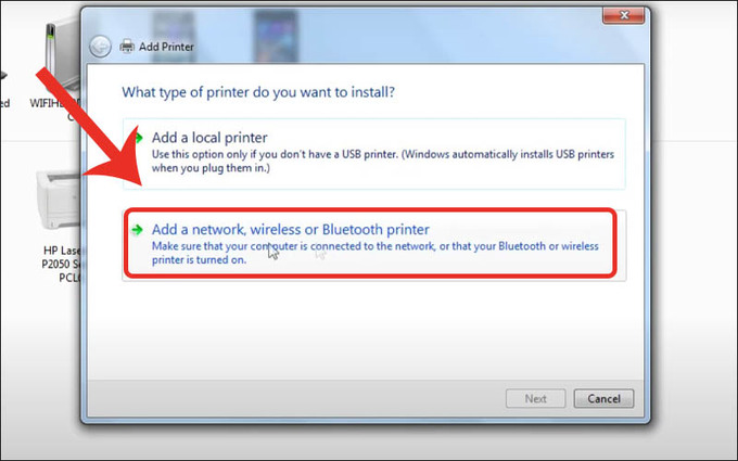 Chọn Add a network, wireless or Bluetooth printer