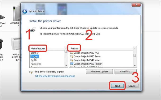 Chọn thương hiệu máy in ở mục Manufacturer và chọn tên máy in ở mục Printer