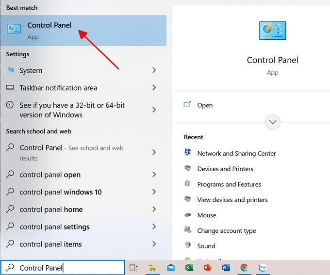 Chọn mục Control Panel