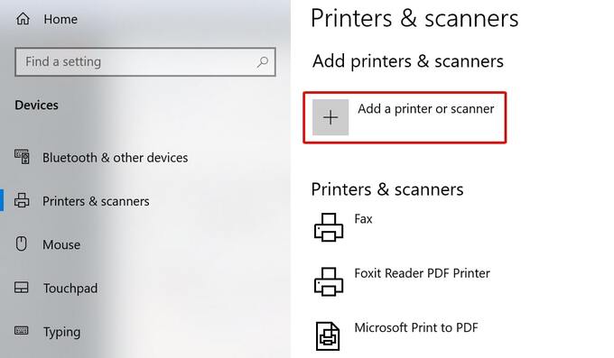 Bấm Add a printer or scanner để dò tìm máy in