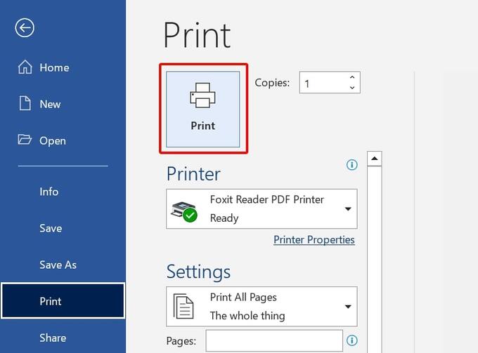 Chọn nút Print để tiến hành in tài liệu