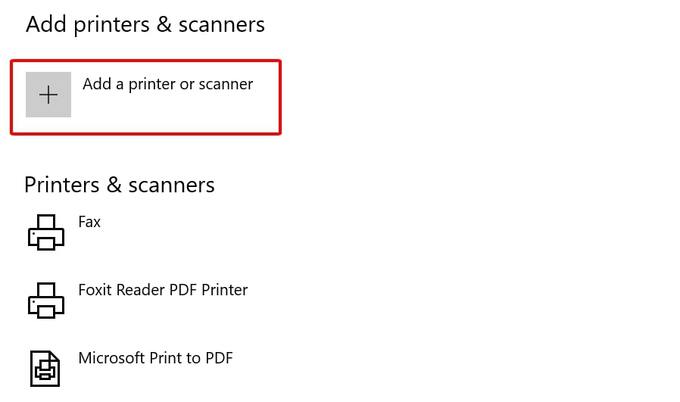 Chọn Add a printer or scanner để quét máy in