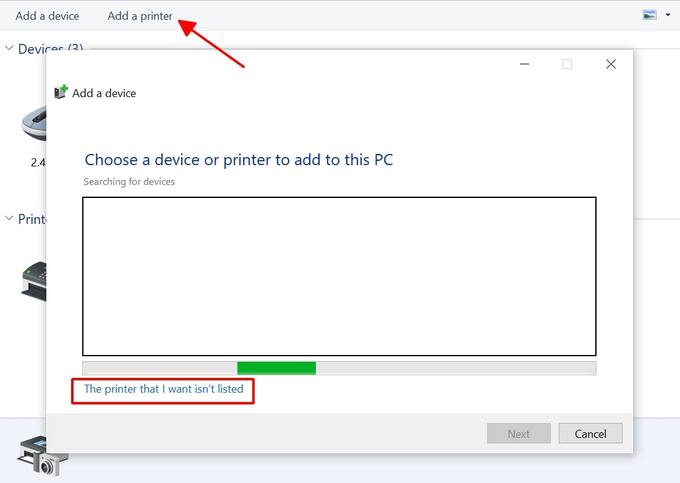 Click vào dòng chữ The printer that I want isn’t listed