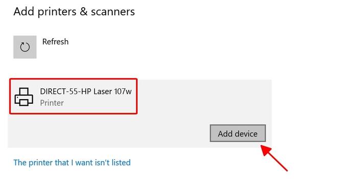 Chọn máy in của bạn và click Add device