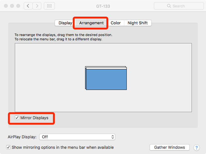 Chọn tab Arrangement và bấm chọn vào ô Mirror Displays