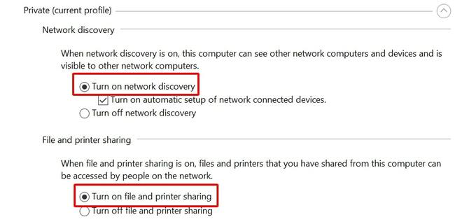 Chọn Turn on ở mục Network Discovery và File and Printer Sharing