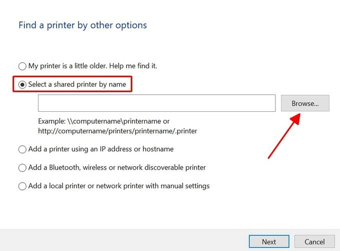 Tick chọn Select a shared printer by name rồi click chuột vào mục Browse