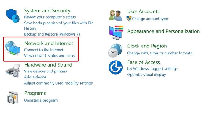 Chọn Network and Internet