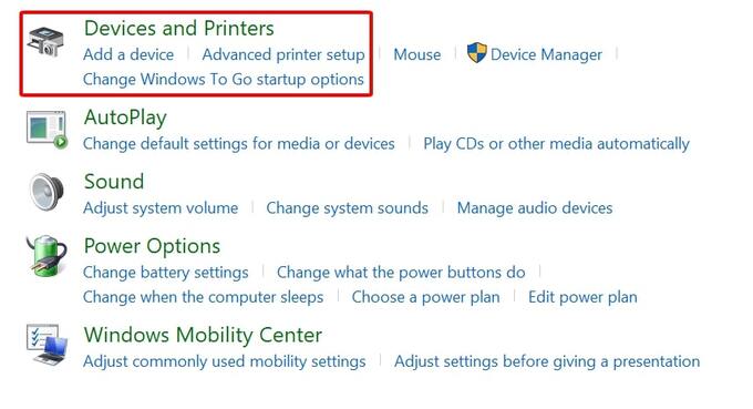 Mở mục Devices and Printer