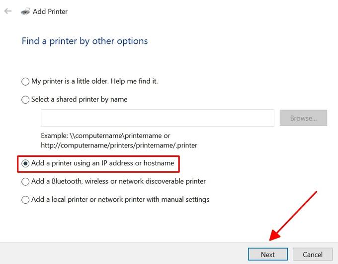 Chọn Add a printer using a TCP/IP address or hostname rồi ấn Next