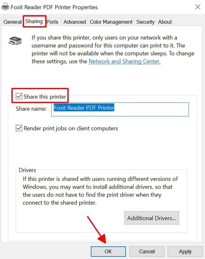 Tick vào ô Share this printer và nhấn Ok