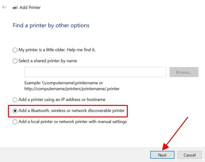 Tick vào ô Add a Bluetooth, wireless of network discoverrable printer rồi bấm Next