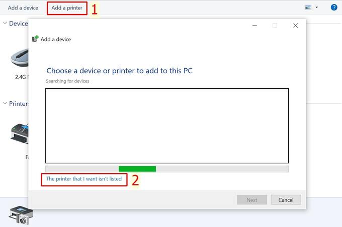 Chọn Add a printer rồi chọn The printer that I want isn’t listed