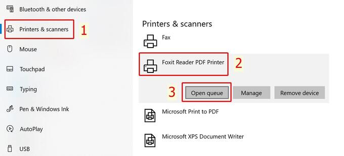 Chọn phần Printers & scanners sau đó chọn máy in đang sử dụng, chọn Open queue.