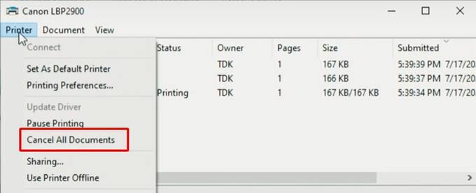 Click chuột vào Tab Printer rồi chọn Cancel All Documents để hủy tất cả
