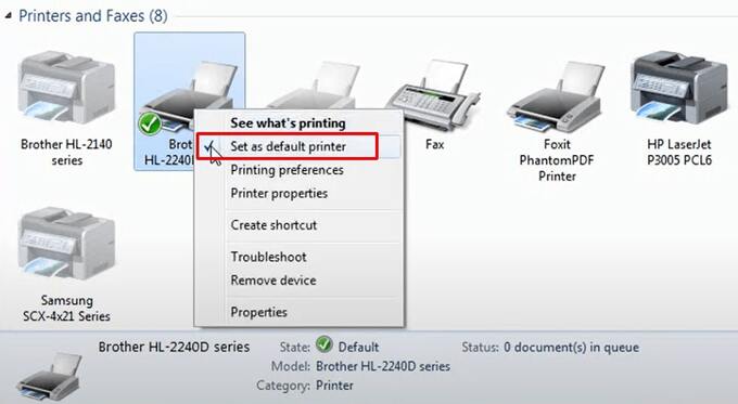 Chọn Set as default printer để đặt máy in làm mặc định