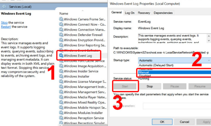 Kích hoạt lại dịch vụ Event Log của máy tính