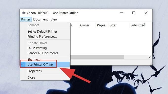 Thực hiện bỏ dấu tích ở phần Use Printer Offline
